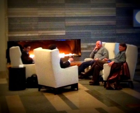 A few fine folks relaxing in one of our new designs fireside in the lobby.